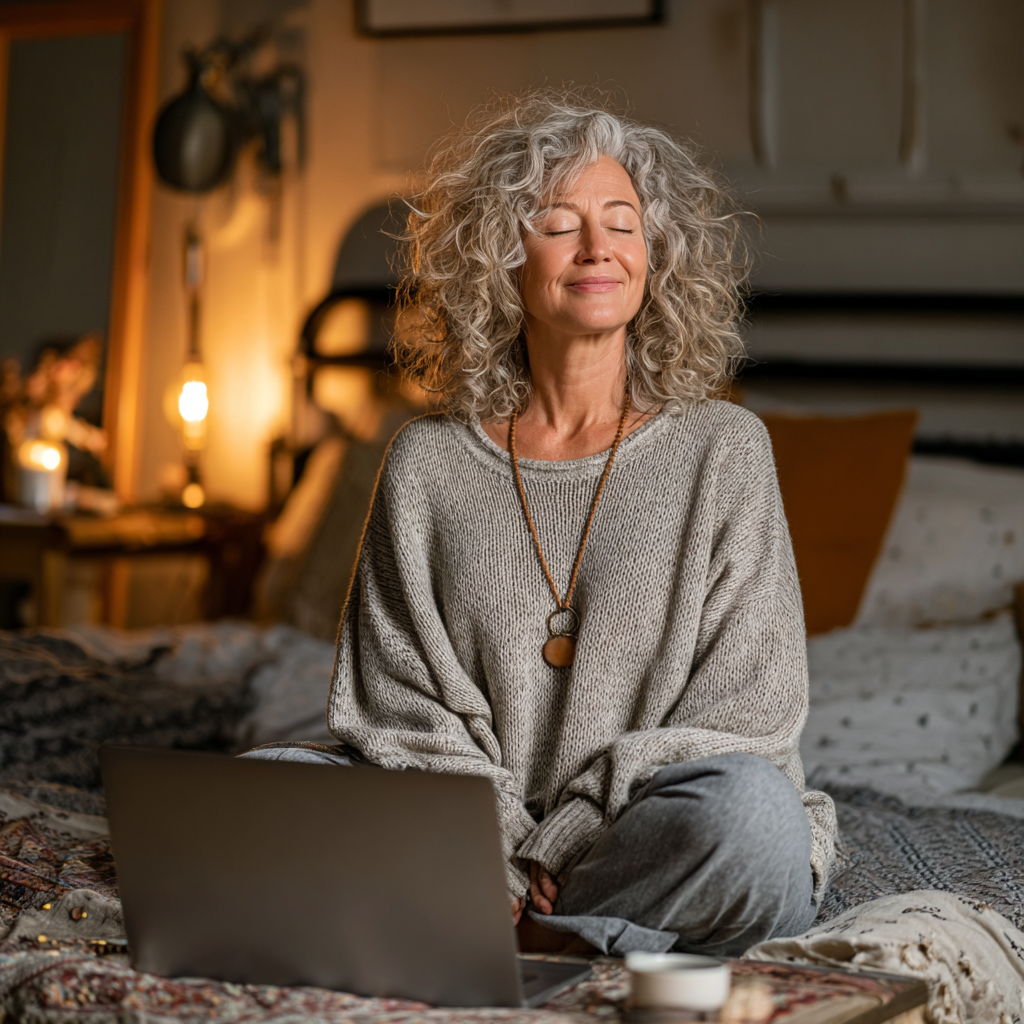 Жінка віком 55 років практикує йогу вдома перед ноутбуком, слідуючи онлайн-заняттю в затишній кімнаті