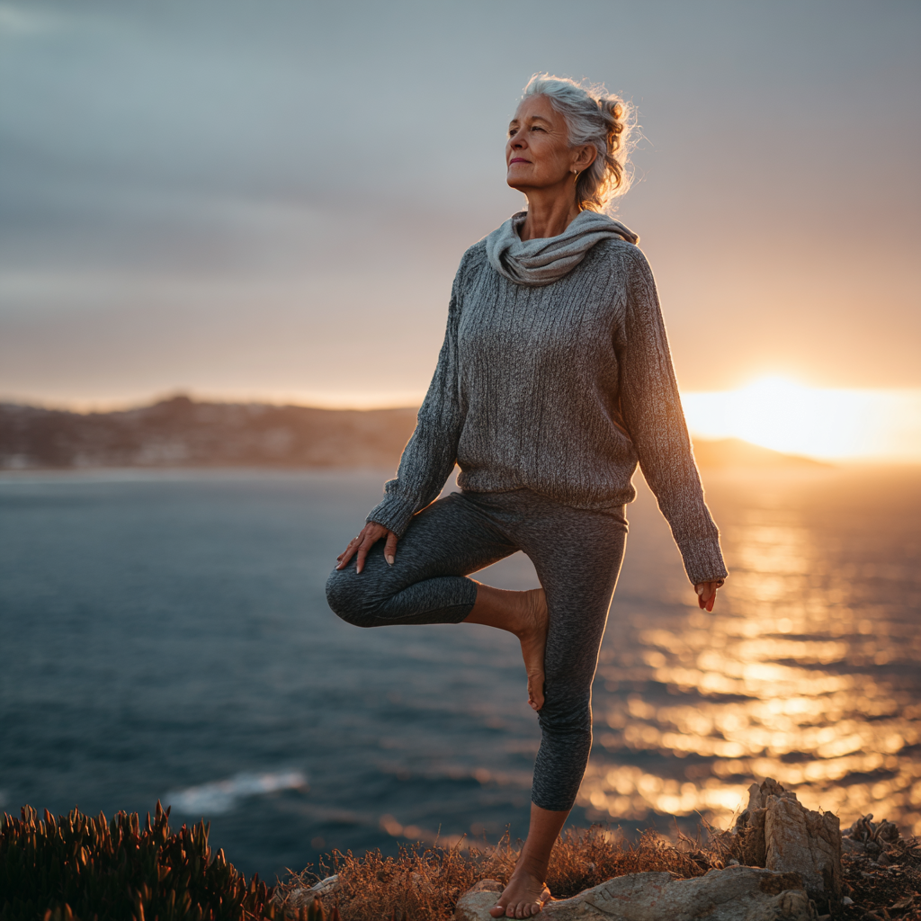 Жінка віком 55 років виконує позу дерева на фоні заходу сонця, демонструючи баланс та спокій