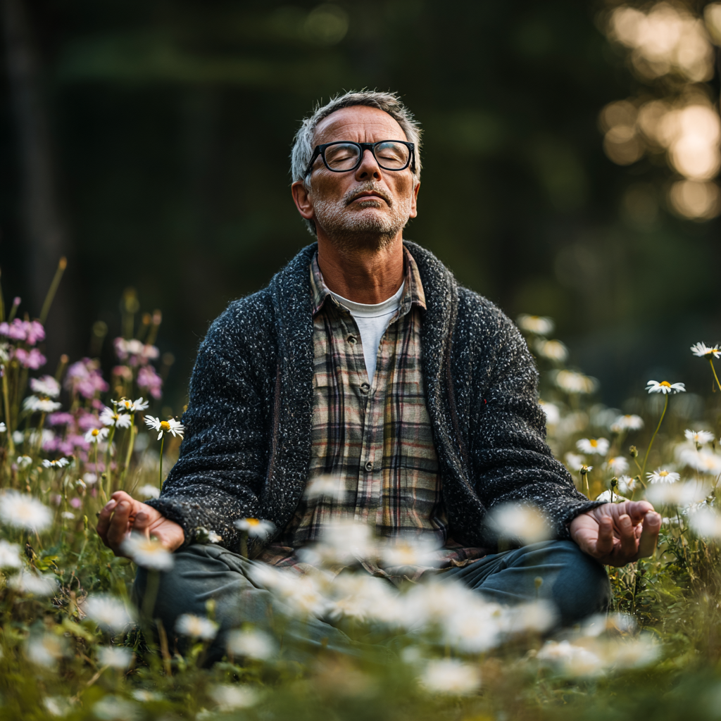 Чоловік віком 60 років у медитативній позі на природі, оточений зеленню та квітами, демонструючи гармонію з природою
