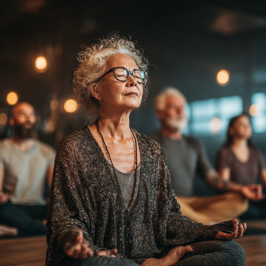 Група людей віком 50-60 років медитує у позі лотоса в затишній йога-студії з м'яким освітленням